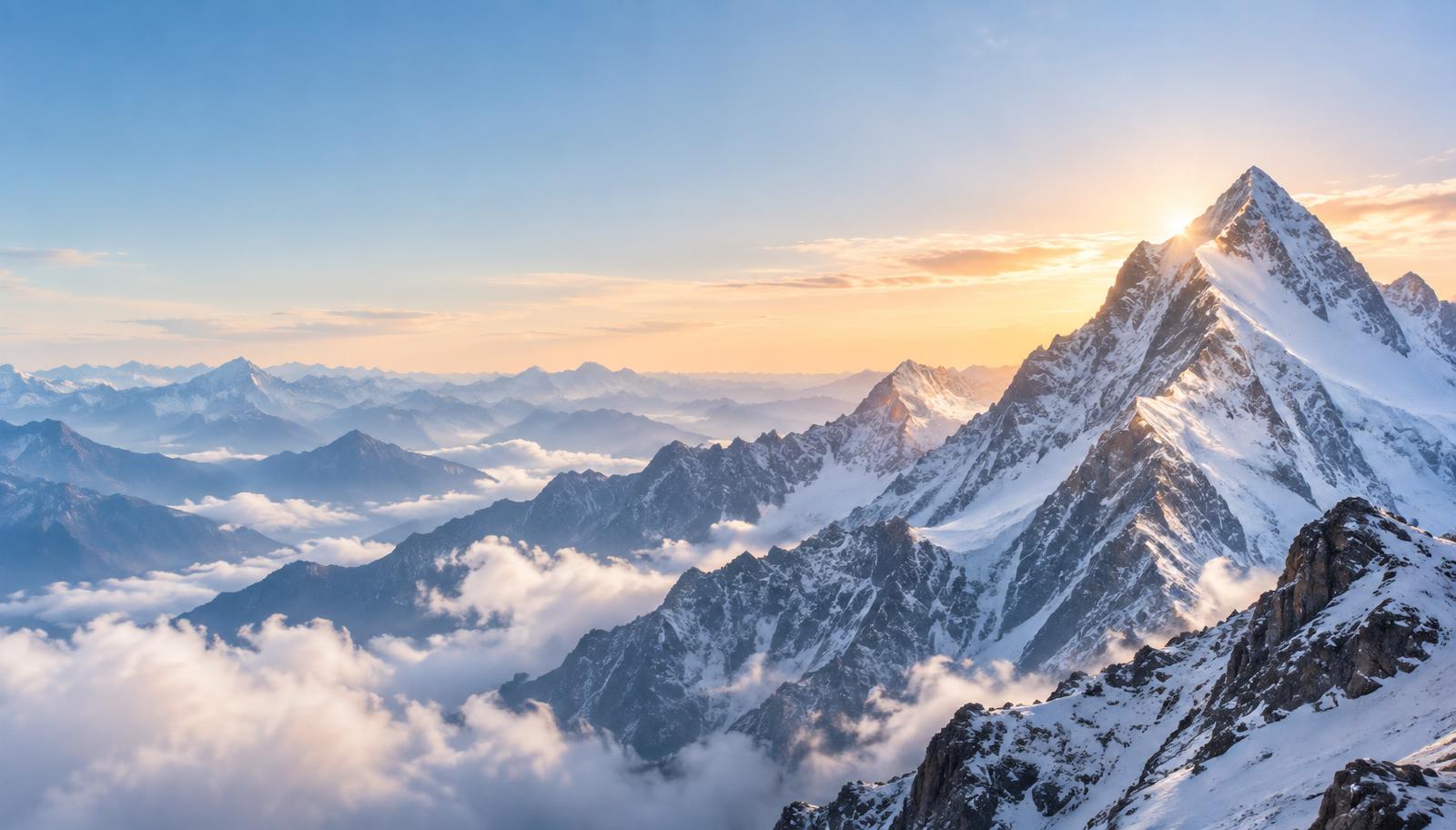Snow-covered mountain summit at sunrise